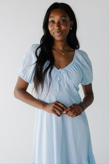 Close view of eyelet midi with drawstring scoop neckline