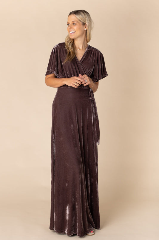 Brass and Roe modest purple bridesmaid dress